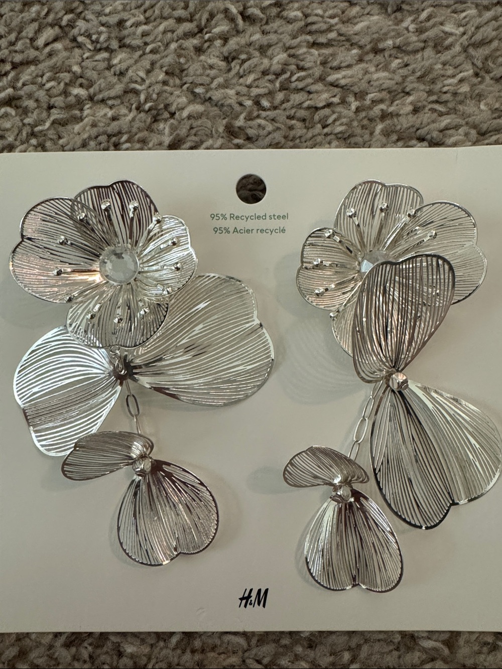 H&M Silver Floral Statement Drop Earrings